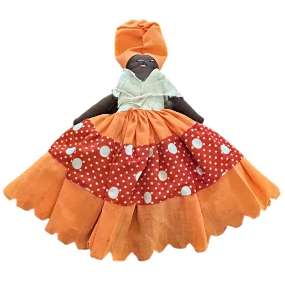 Vintage‎ Folk Art Rag Doll Handmade Stuffed Cloth Toy Turban Orange Red